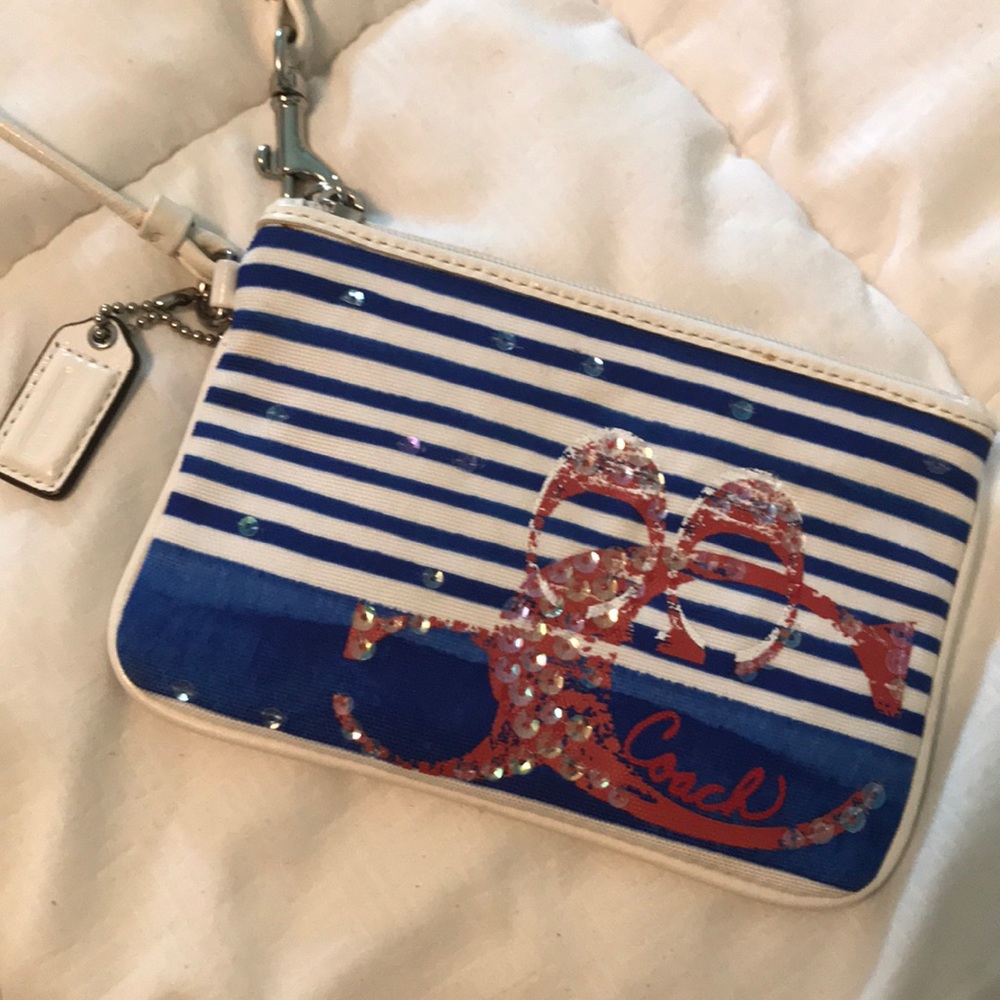 COACH White and Blue Stripped Wristlet
